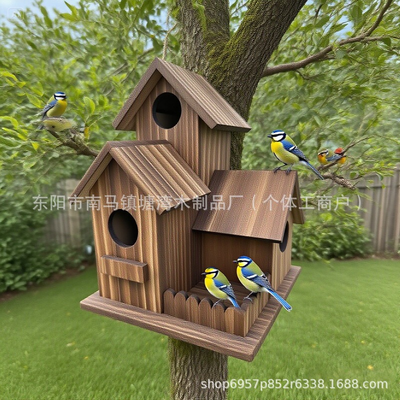 2025 Cross-Border Hot-Selling Wooden Birdhouse Creative Outdoor Bird Cage Solid Wood Hummingbird Nest Wooden 3-Room Bird House Cage