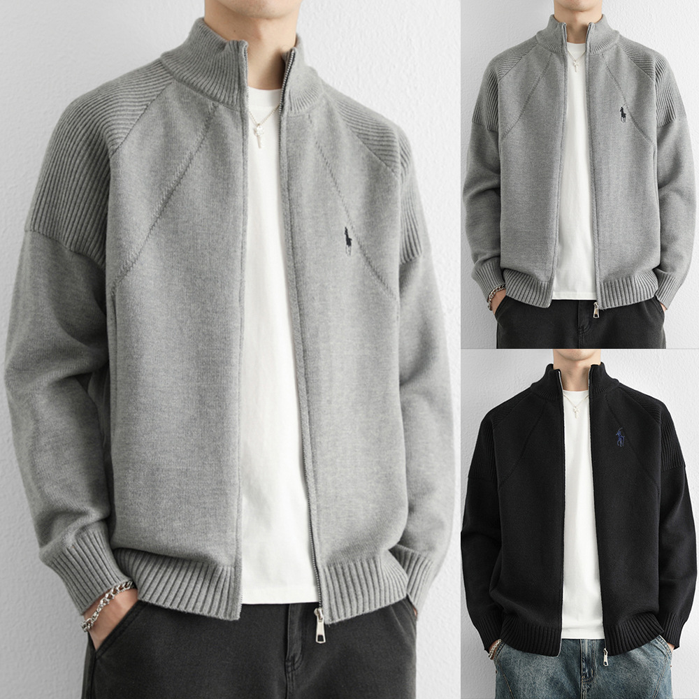 Gilet cardigan homme à double fermeture éclair, logo équitation tendance, col montant, maille haut de gamme, style business_voghion.com