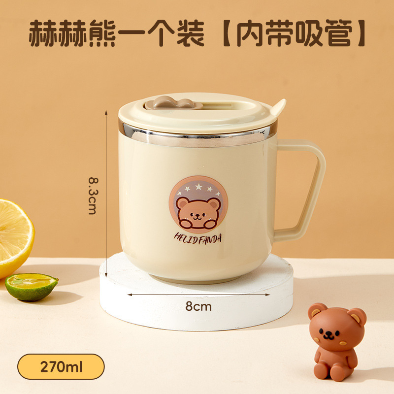 316 ステンレス鋼学習ドリンクカップ漫画ベビーミルクカップ二重層抗火傷ストローカップスケール飲料カップ|undefined