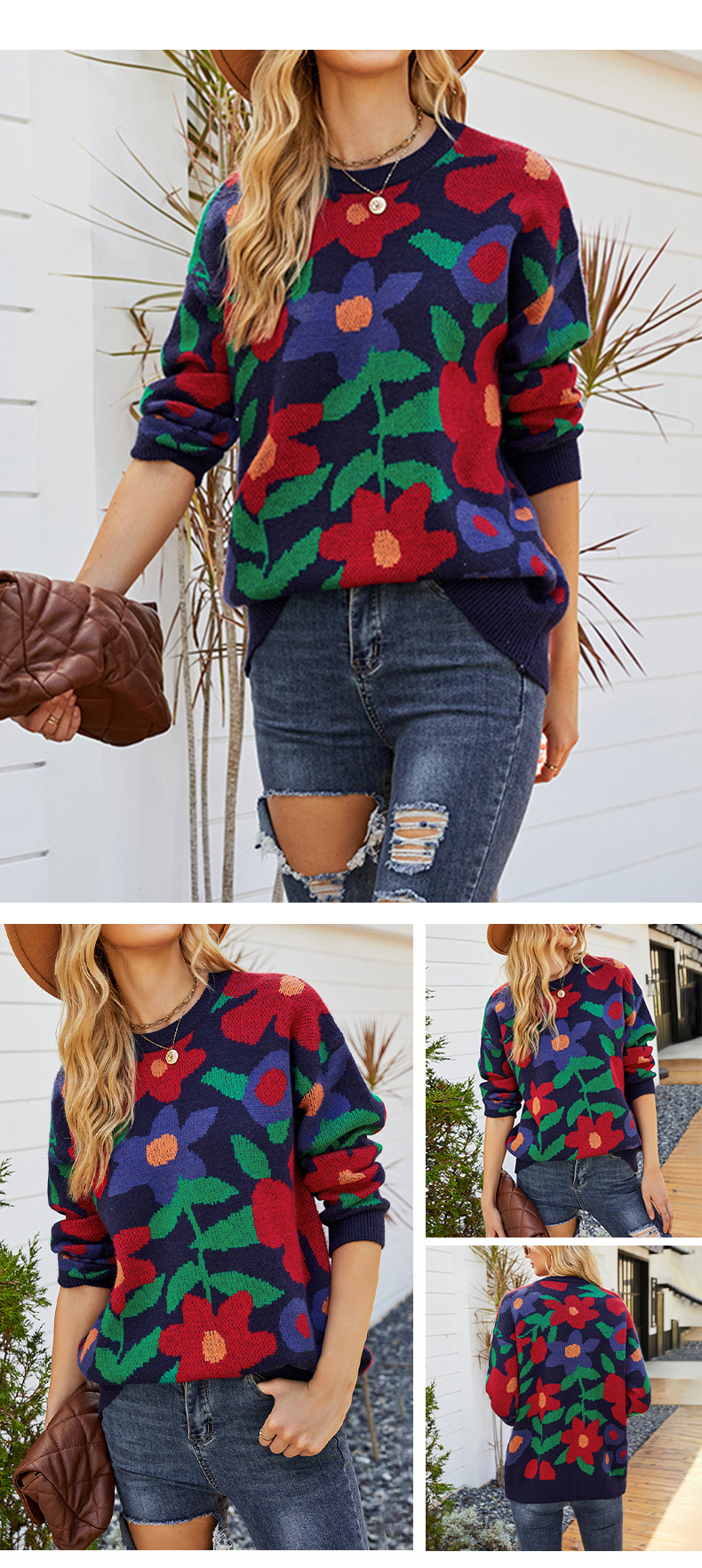 colorful sunflower large flower jacquard round neck sweater NSMMY138073