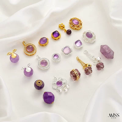 Inlaid with natural amethyst, plated with real gold and thick silver, angel and osmanthus drop-shaped decorative bead pendant DIY jewelry accessories