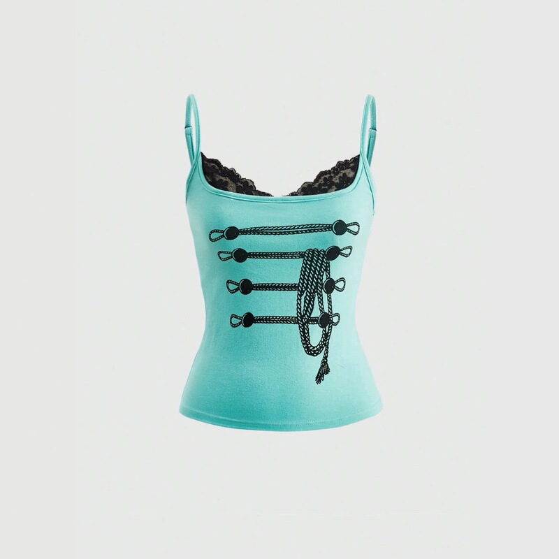 Vintage printed camisole with lace collar, adjustable shoulder straps, waist-cinching short tank top, women's clothing wholesale Vintage printed camisole with lace collar, adjustable shoulder straps, waist-cinching short tank top, women's clothing wholesale
