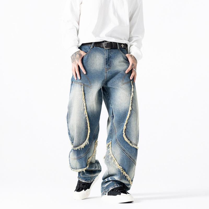 High-End Light Luxury Men's Loose Jeans, Scimitar Pants, Retro Distressed Splicing Raw Edge Wide-Leg Pants, Retro Blue Ready Stock
