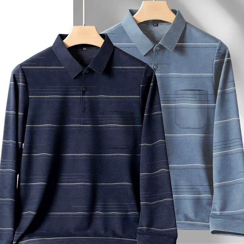 Men's Spring and Summer Long-Sleeve Polo Shirt, Casual, Middle-Aged and Elderly, with Pockets, Turn-Down Collar, Thin Style, in Stock, Henley Collar, with Tags