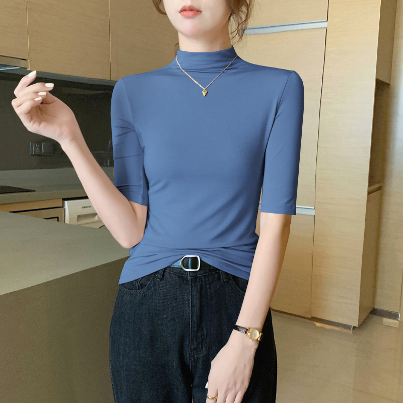 女性用ハーフタートルネックミッドスリーブボトリングシャツ、2025年春秋新作57分袖薄手ミッドカラートップ|undefined