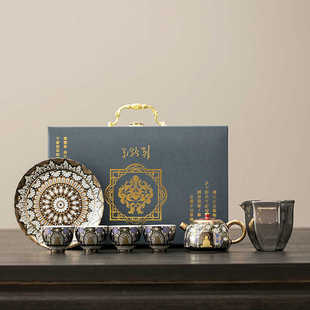 Authentic "Dunhuang·Thangka Art" Gold and Silver Inlay Set/One Pot with 4 Cups/One Pot Holder/Chen Desheng