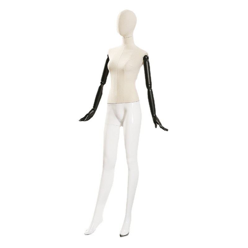 Maniquí femenino de medio cuerpo con manos de madera y cabeza de lino para exhibición de ropa, vestidos de novia y simulación.