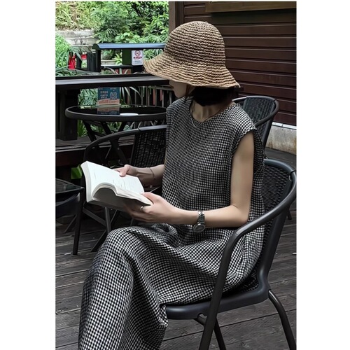 2025 summer new style retro simple strapless linen dress, pear shaped slimming all-match temperament plaid straight skirt