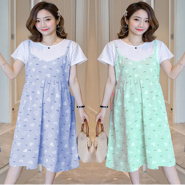 2025 new maternity clothing net popular summer fake two-piece dress stitching short sleeve mid-length loose sweet skirt 2025 new maternity clothing net popular summer fake two-piece dress stitching short sleeve mid-length loose sweet skirt