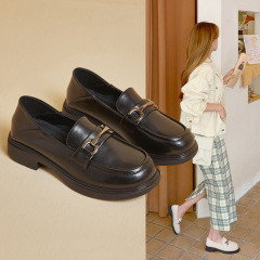 Leather Loafers for Women, Flat, 2024 Spring New Collection, One-Piece Japanese Style Small Leather Shoes with Bitting Buckle, Basic Single Shoes