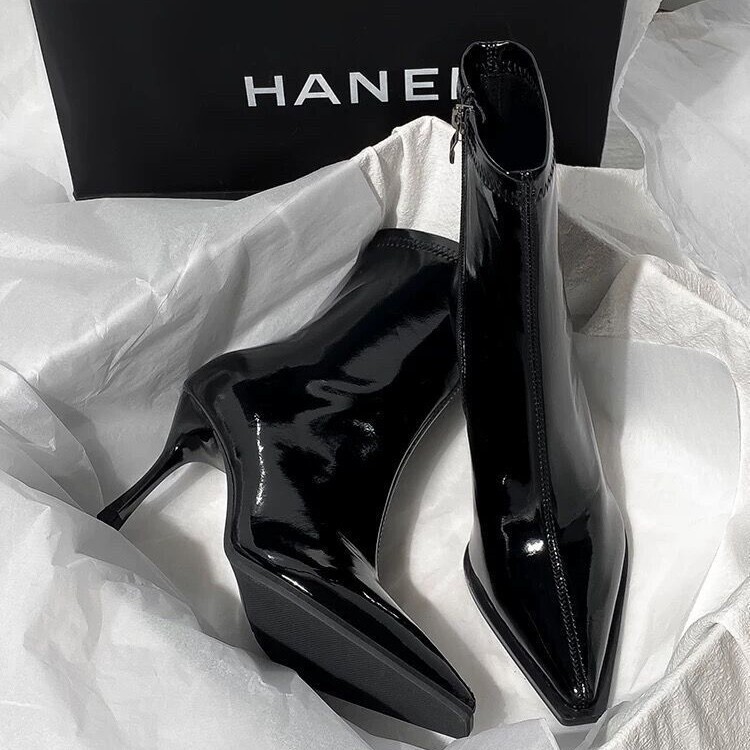 Pointed High Heel Boots Women's Thin Heel 2024 Autumn and Winter New Elegant Patent Leather Naked Boots Thin Boots Short Boots Vintage Leather Boots