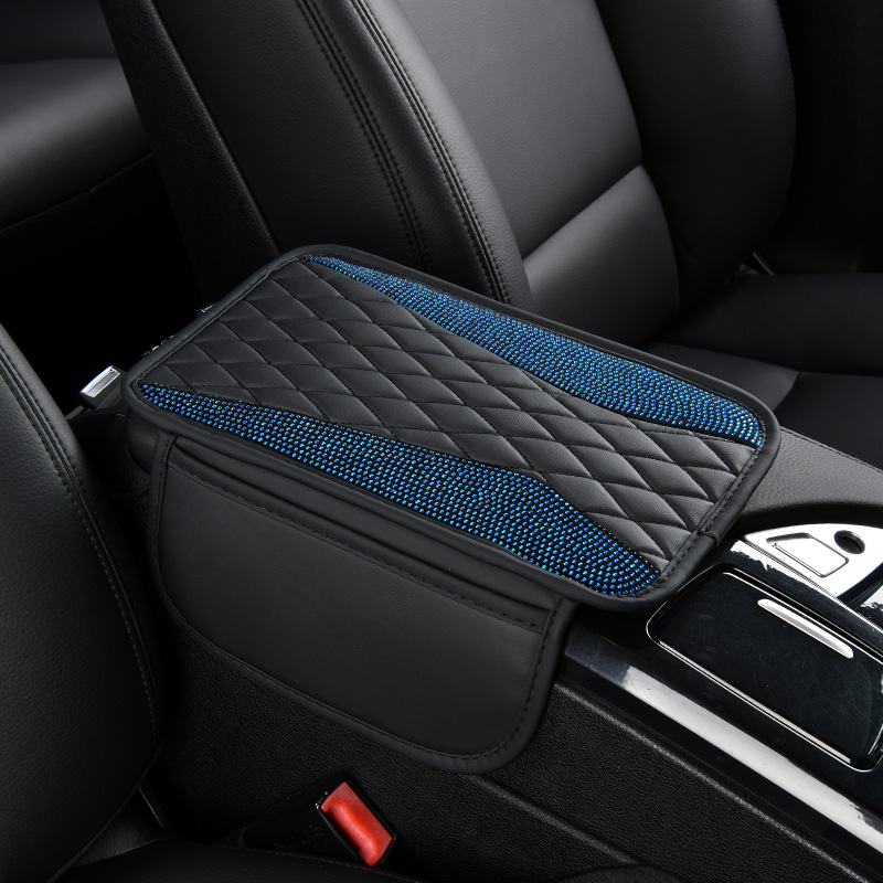 Manufacturer Shiny Diamond Car Armrest Box Pad Crystal Rhinestone with Side Pocket Interior Central Leather Elbow Protector Cover