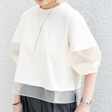 2025夏季新款韩版短袖T恤宽松欧根纱拼接雪纺上衣圆领套头休闲潮