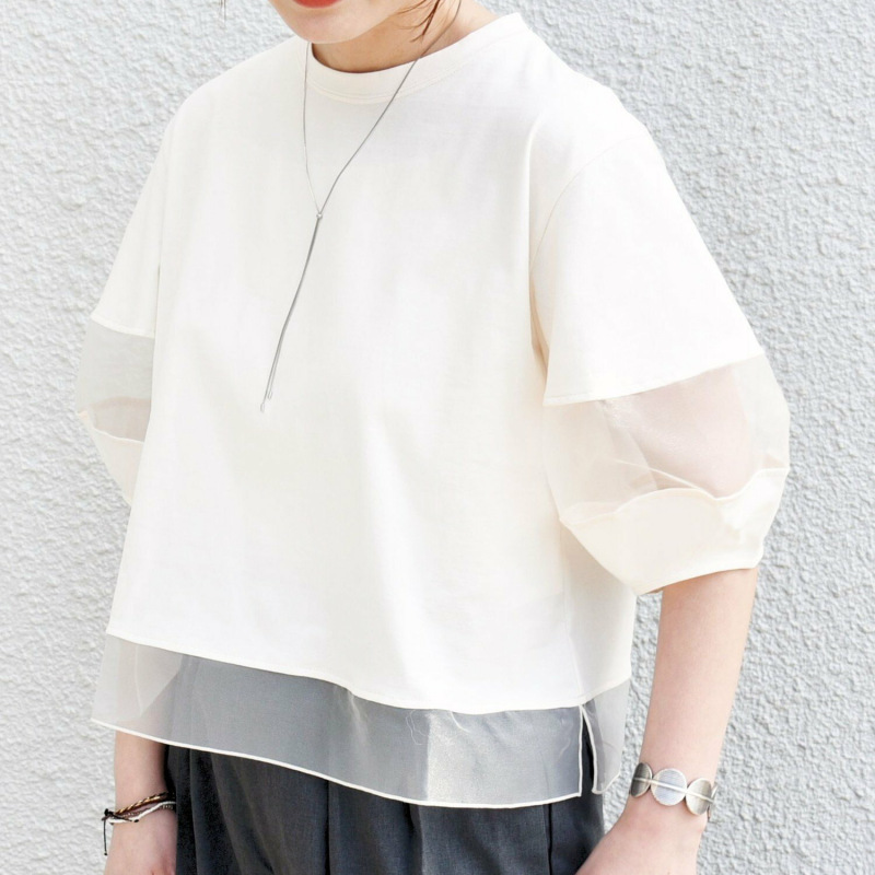 2025夏季新款韩版短袖T恤宽松欧根纱拼接雪纺上衣圆领套头休闲潮
