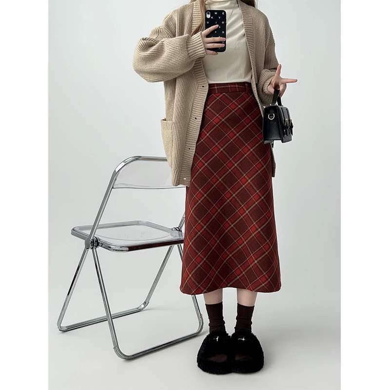 Red woolen long retro plaid long skirt
