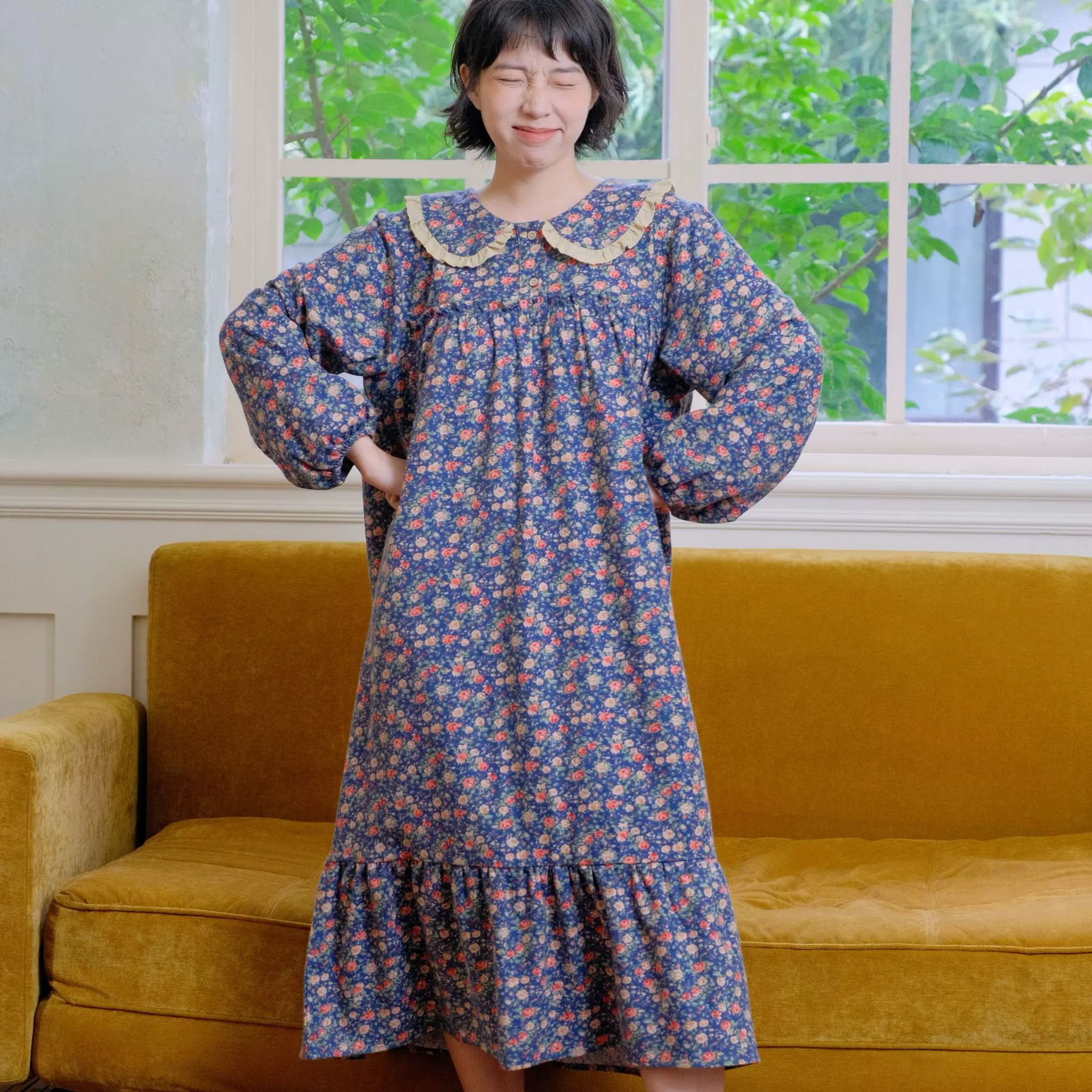 韩版小碎花森系纯棉睡裙女秋冬款长款睡衣裙全棉家居服可外穿长裙