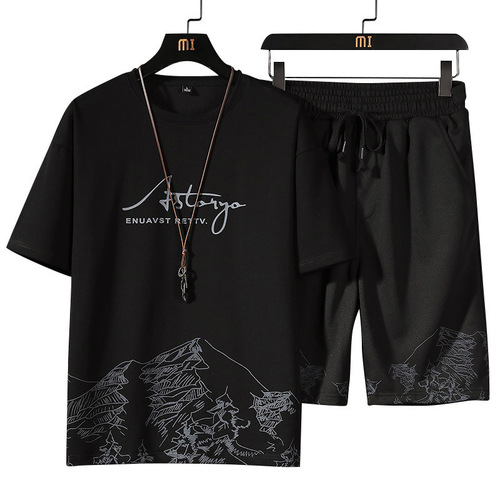 Men's Summer New Snow Mountain Print Fashion Trend Korean Version T-Shirt Set Two-Piece Loose Fit Sports Combo