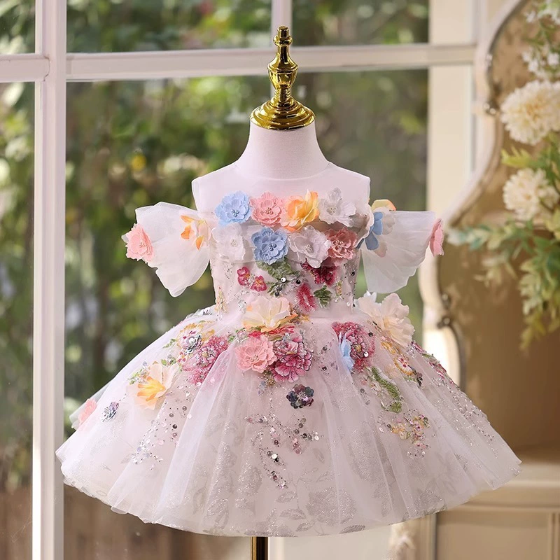 Высококачественное платье для девочек, юбка-пачка, детское платье принцессы, свадебное платье с цветочным узором для девочек, платье для выступления на фортепиано на день рождения для девочек