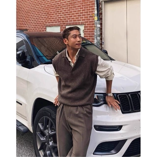 韩版休闲polo领针织衫时尚马甲春秋小众美拉德深棕色毛衣背心坎肩