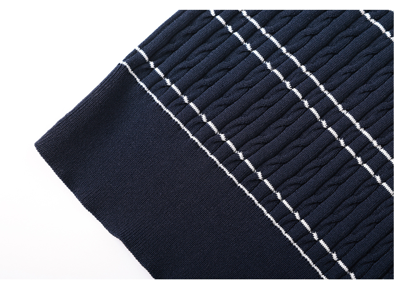 Áo thun dệt kim tay ngắn cổ tròn họa tiết sọc vintage nữ — màu xanh navy chi tiết 30