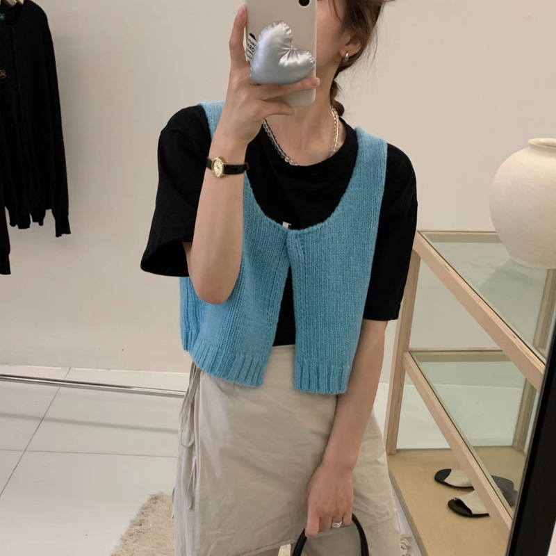 30% Cotton Wool Korean-style All-match Snaps Short Stacked Vest Sweater One-button Knitted Cardigan Vest for Women