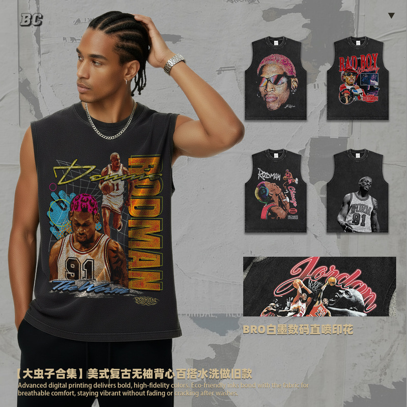 Cross-Border Vintage Washed and Distressed Vest Rodman Series Sleeveless T-Shirt Street Fashion Brand Loose Basketball Vest Cross-Border Vintage Washed and Distressed Vest Rodman Series Sleeveless T-Shirt Street Fashion Brand Loose Basketball Vest