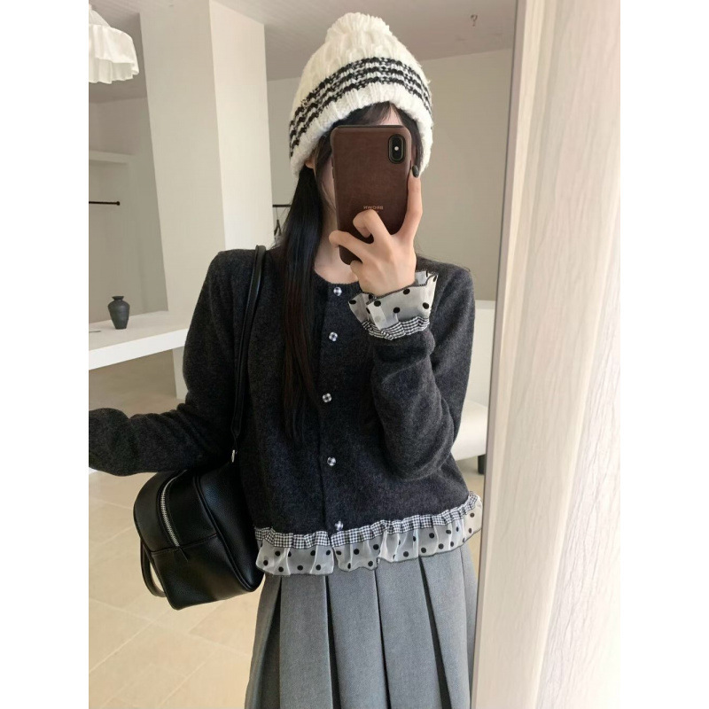 韩版甜美减龄气质波点蕾丝拼接针织开衫休闲百搭修身显瘦舒适毛衣|undefined