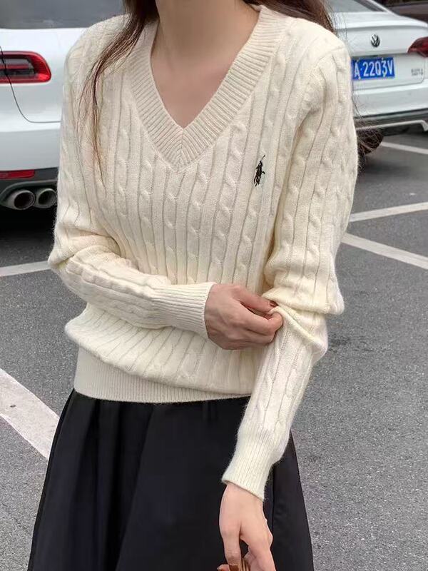 2025秋冬小马刺绣韩版高级感长袖V领套头软糯刺绣针织衫麻花毛衣|undefined