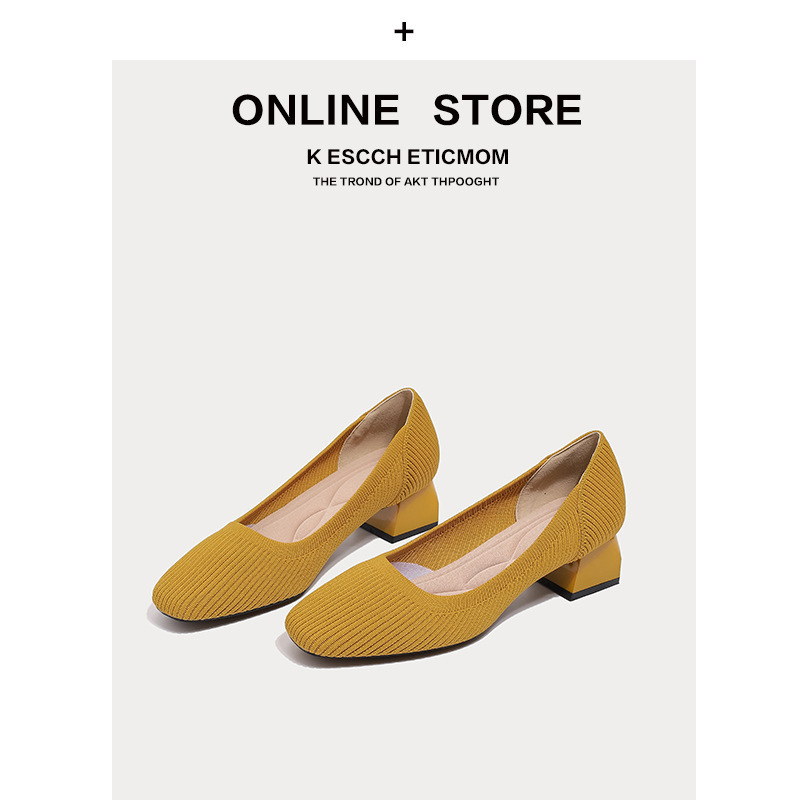 Japanese-Style Princess Shoes for Women, Mid-Heel 2022 New Square-Toe Shallow Slip-On Shoes, Chunky Heel Knitted Fly-Knit Shoes, Korean-Style High Heels