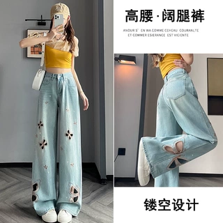 蝴蝶烫钻镂空破洞阔腿牛仔裤女2026年秋季新款高腰显瘦宽松直筒裤