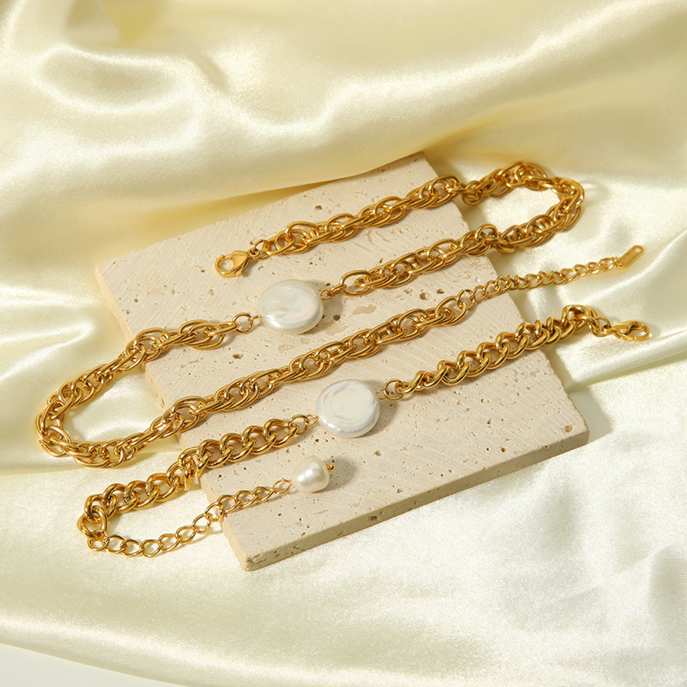 201 Edelstahl Süßwasserperle 18 Karat Vergoldet Elegant Dame Überzug Runden Armbänder Halskette display picture 2
