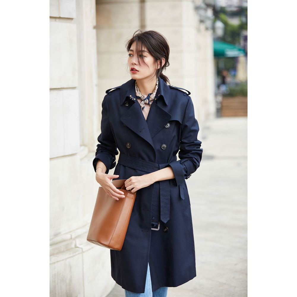 Shenghong 2023 Spring New Mid-length Coat Women's Double-breasted Belt British Cotton Coat Waterproof Anti-fouling 13311