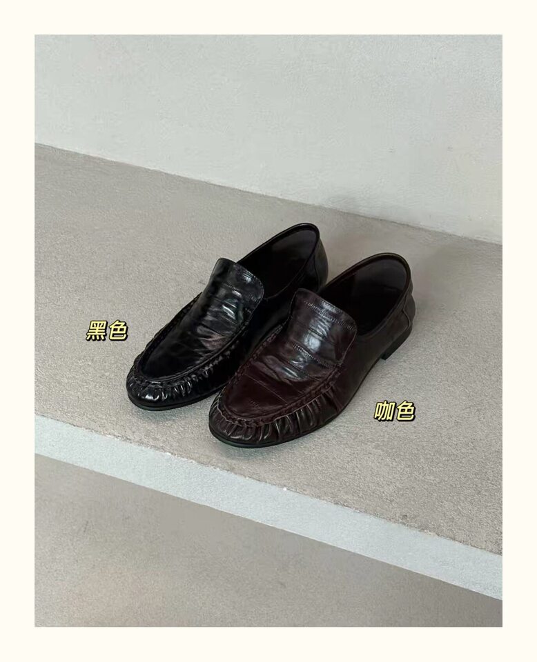 Giày lười nữ da bò mũi tròn nhún bèo cổ thấp gót thấp phong cách Anh Quốc — Màu nâu, màu đen chi tiết 8