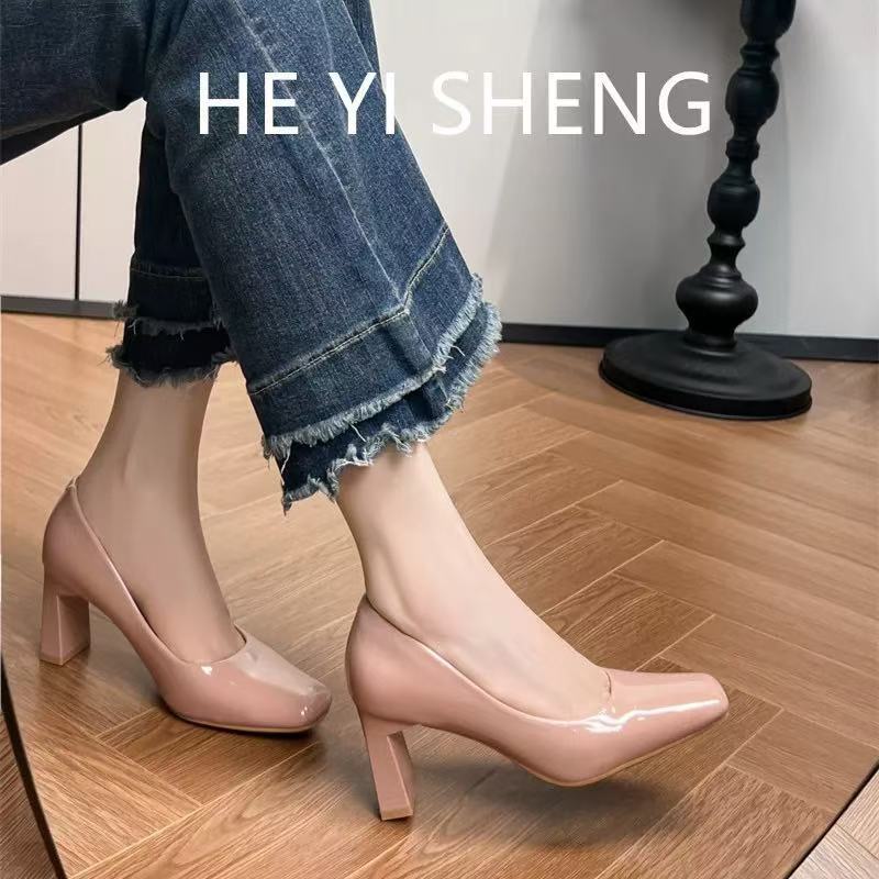 Nude Ladylike High Heels 2025 New French Square-Toe Single Shoes Hotel Stewardess Professional Work Shoes