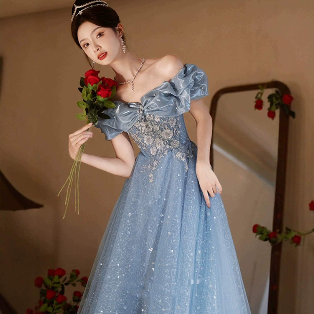 Blue elite evening dress, open shoulders, high-end