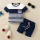 Cross-border Infant Strips Pocket Top Striped Fake Drawstring Shorts Two-piece Set Fashion Casual