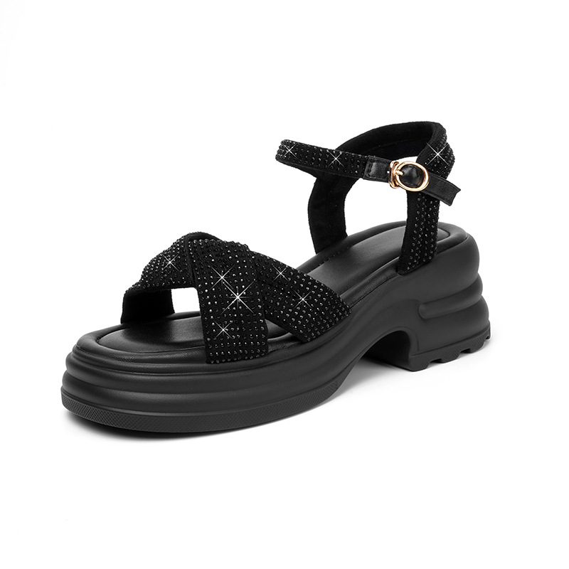 Sandal nữ đế dày đính đá phong cách La Mã, đế mềm tăng chiều cao — Màu đen