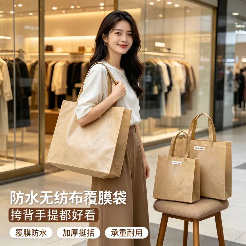 Waterproof thickened non-woven fabric laminated tote bag, custom-made for men's and women's clothing stores, high-end three-dimensional packaging bag with logo printing Waterproof thickened non-woven fabric laminated tote bag, custom-made for men's and women's clothing stores, high-end three-dimensional packaging bag with logo printing