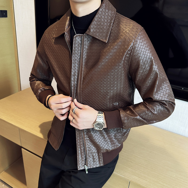 2025 Autumn and Winter Men's High-End Lapel Leather Jacket Casual Jacket Men's Mesh Woven Leather Jacket Light Luxury