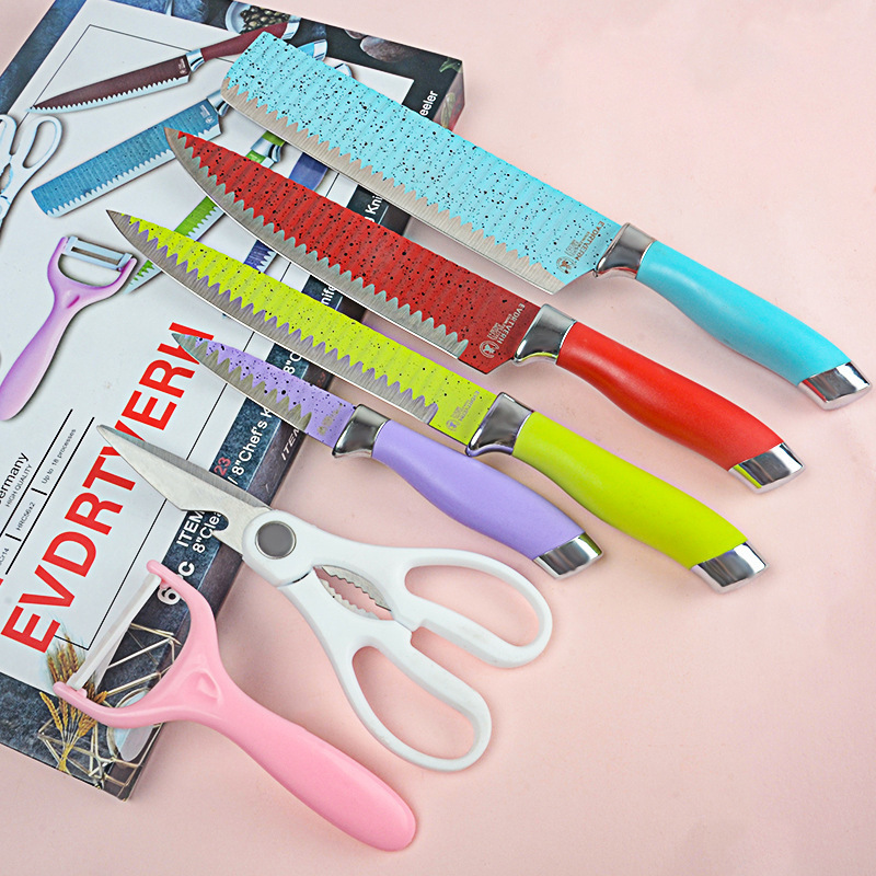 Spot al por mayor cabezal de galvanoplastia doble patrón de onda juego de 6 piezas de cuchillo de cocina de acero inoxidable cuchillo de cocina de regalo para el hogar