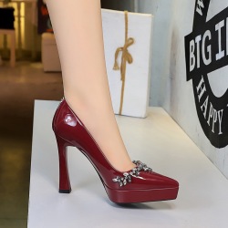 8399-H68 Banquet Fashion Water Diamond Pointed Coarse Heels High Heels Lacquer Leather Waterproof Platform Ultra High Heels Single Shoes for Women