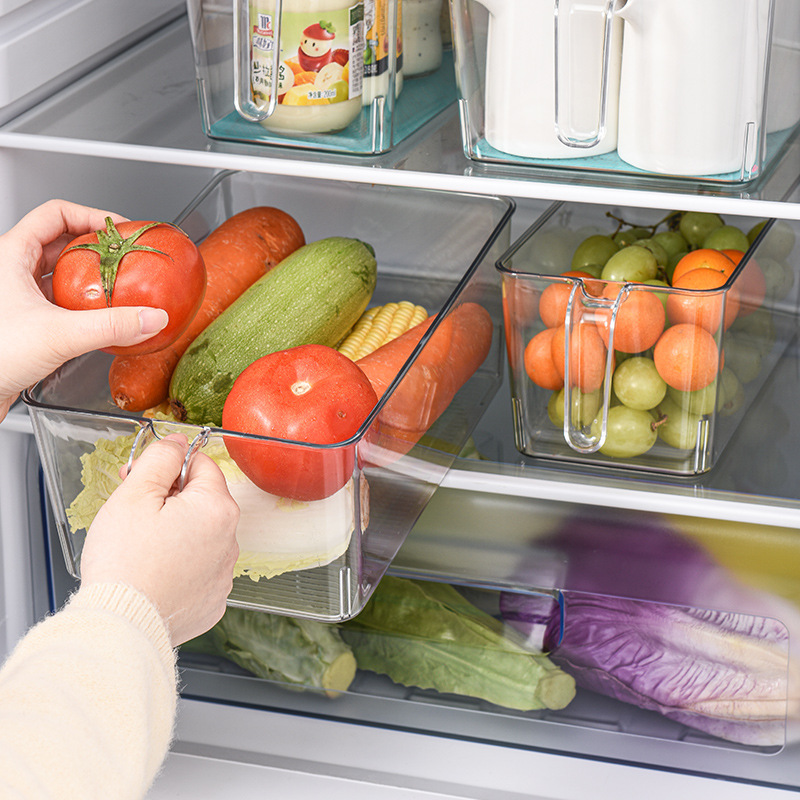 Caja de almacenamiento de refrigerador, caja de ordenamiento de alimentos PET, caja de almacenamiento de refrigerador rectangular transparente con mango
