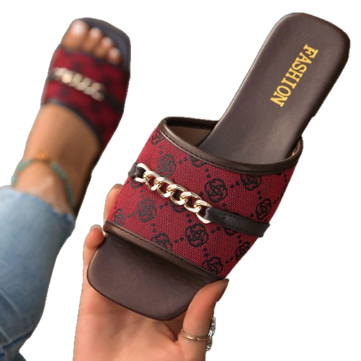 Women's New Style Transparent Korean Style Flat Round Toe Slippers With Rhinestone Chain_voghion.com