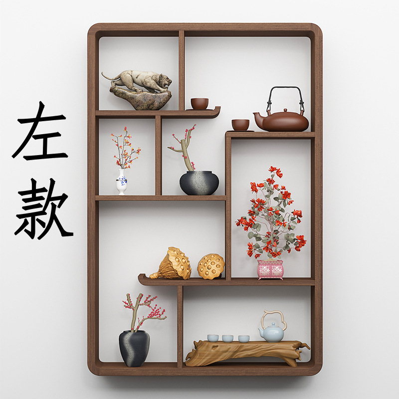 壁掛け中国風装飾品ティーセット無垢材収納ラック収納無垢材格子ディスプレイラック無垢材ボーグラック|undefined