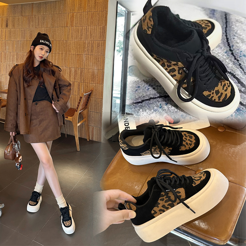 Genuine Leather Leopard Print Sneakers for Women 2025 Autumn and Winter New Lightweight Thick-Soled Single Lining Fleece-Lined Casual Versatile Moral Training Shoes