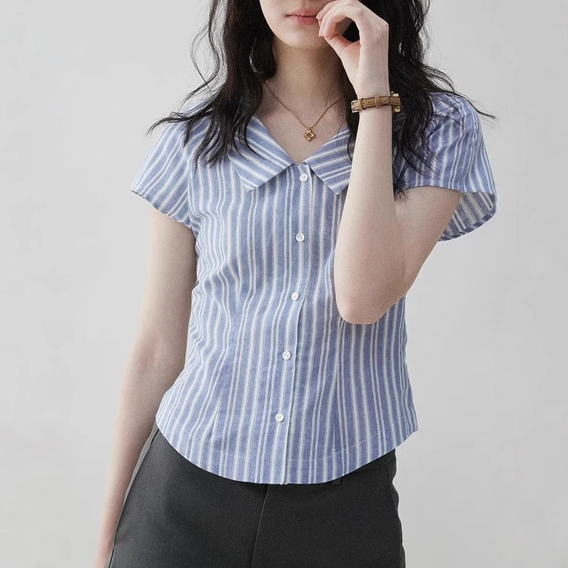 Mustard Pie Vooe French Style Color-Block Striped Waist-Slimming Shirt for Women, New Summer Turn-Down Collar Artistic Top