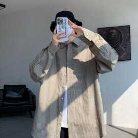 2024外贸复古v无性别格子衬衫男士长袖格纹衬衣春秋宽松情侣外套