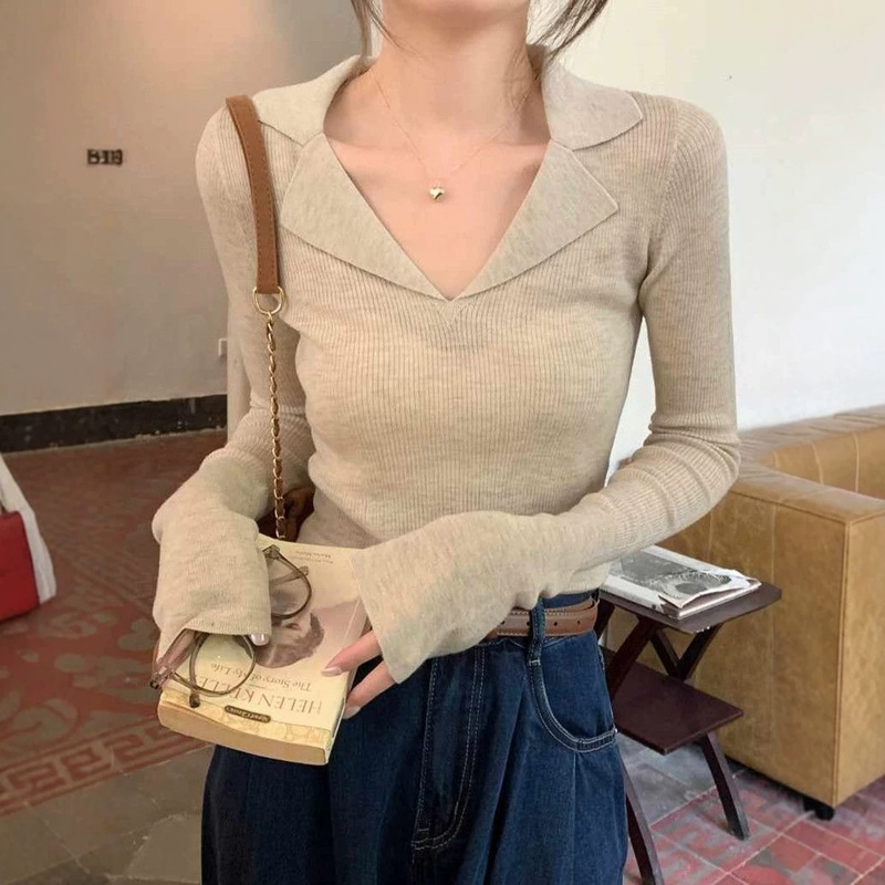 French-style POLO collar long-sleeve knit sweater for women, new autumn V-neck slim-fit ribbed sweater top for women French-style POLO collar long-sleeve knit sweater for women, new autumn V-neck slim-fit ribbed sweater top for women