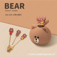 401不锈钢水果叉 耐摔长手柄水果叉 环保硅胶水果叉套装 萌熊果叉