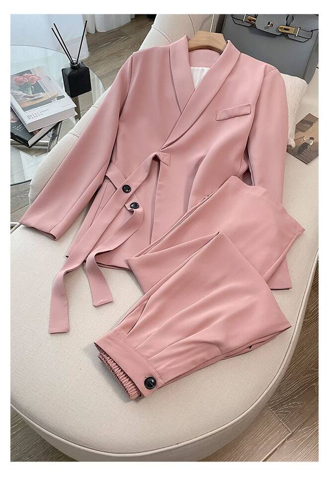 Bộ vest nữ hai mảnh dáng ôm thanh lịch, tay dài, phong cách công sở sang trọng — đen (bộ đồ), Kaki (bộ), Màu trắng nhạt (bộ), hồng (bộ) chi tiết 8